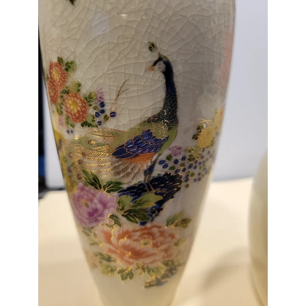 Vintage‎ Crackle Vase Set -2 with Peacock & Floral Design